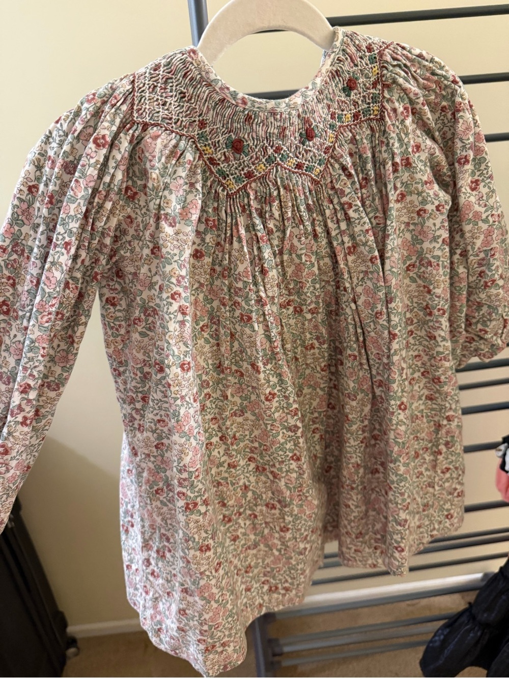 Girls Floral Smocked Long-Sleeve Dress - Pink & Green
